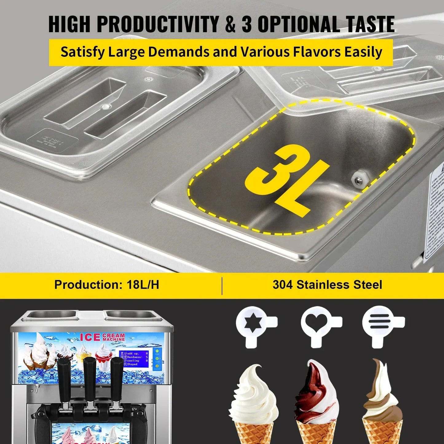 VEVOR Commercial  Ice Cream  freezer Machine 3-flavor Yogurt Maker  One-click Clean 18L/H LCD Display new soft ice cream machine