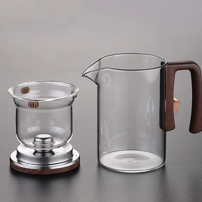 520ML/720ML Glass Teapot Water Separation Inner Container One Click Magnetic Switch Tea Filtration Tea Pot Wood Handle Cup Set