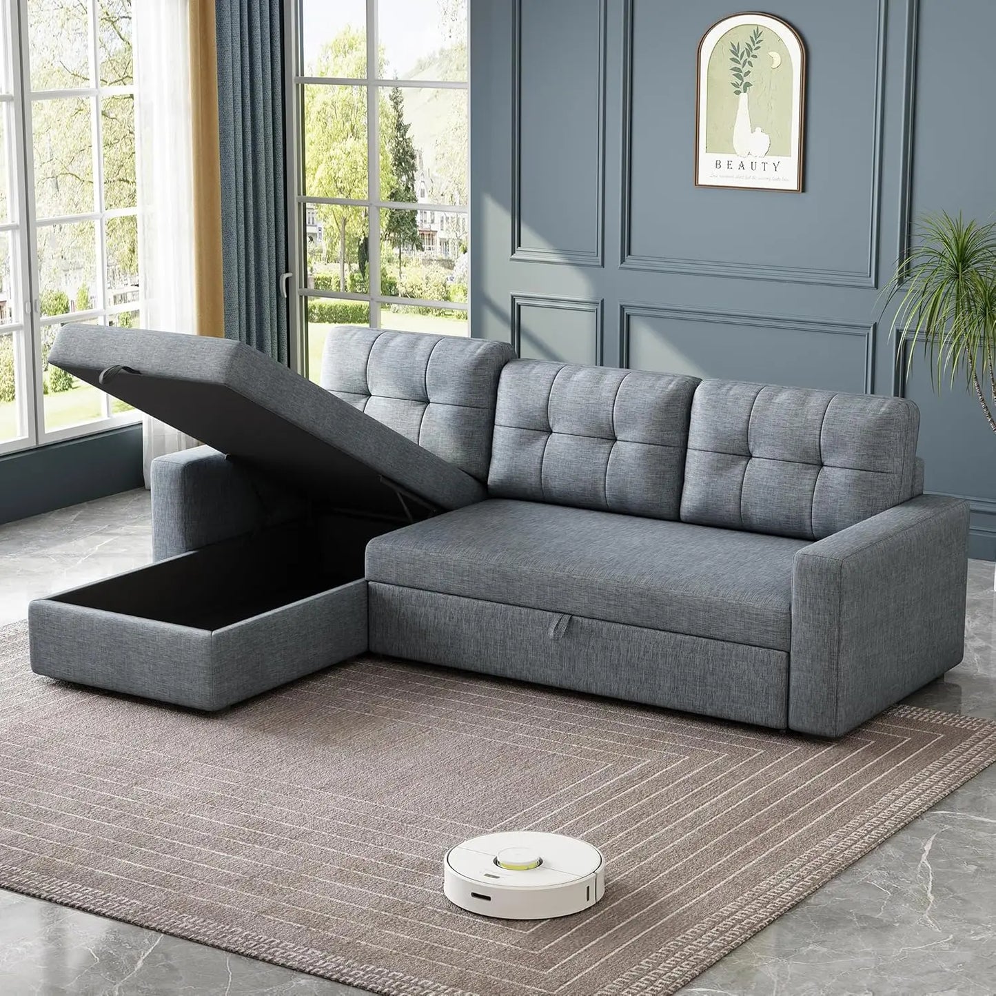 81.5" Sectional Sleeper Sofa with Storage Chaise, L Shaped Pull Out Couch Bed with 3 Removable Back Cushion for Living Room,Apar