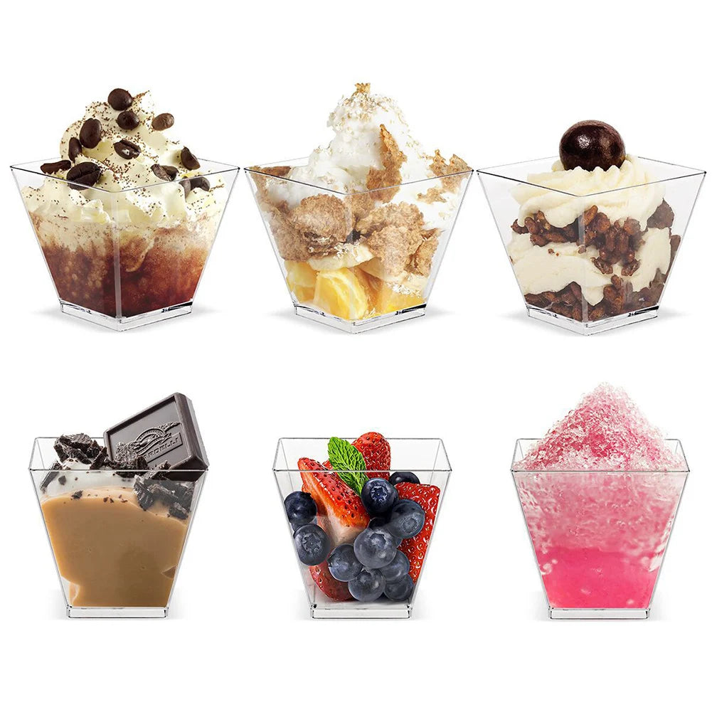 50/100pcs 60ML Disposable Plastic Dessert Cups Reusable Clear Ladder Shaped Cup Appetizers Cake Ice Cream Cup for Party Wedding