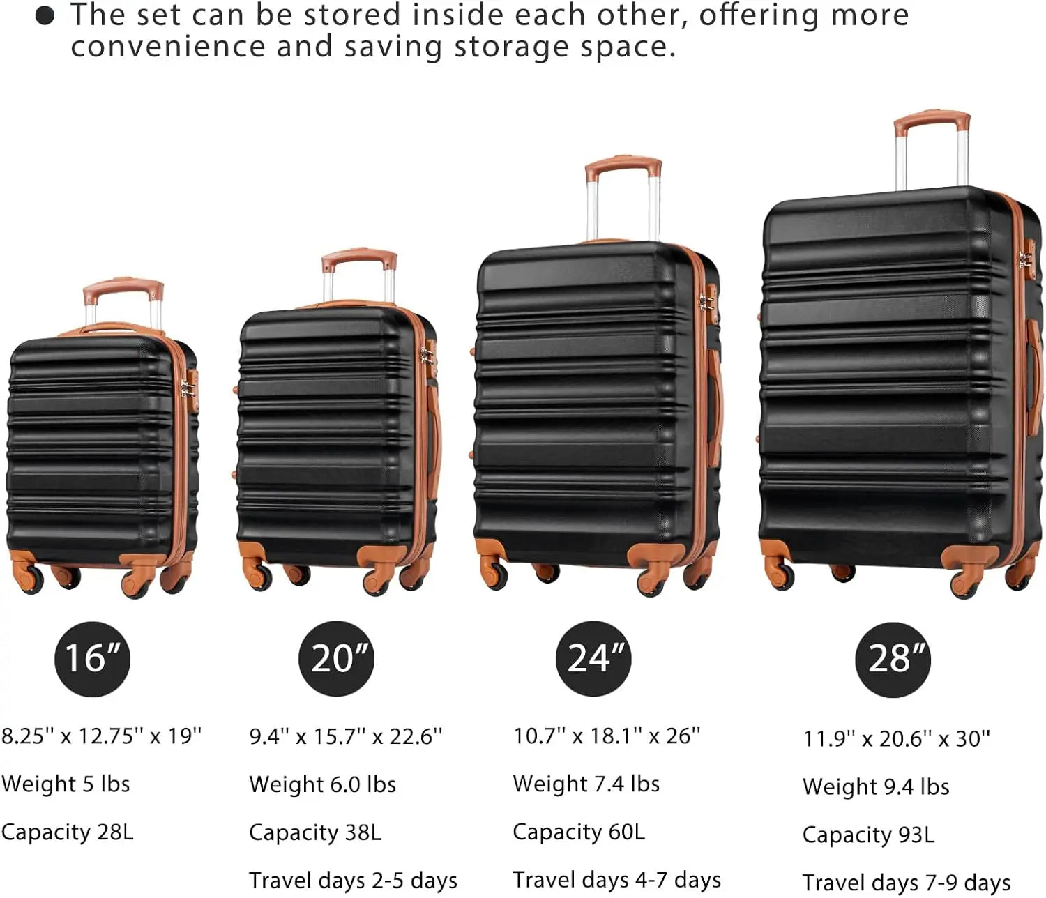 Luggage Set 4 Piece Luggage ABS hardshell TSA Lock Spinner Wheels Luggage Carry on Suitcase WHITE-BROWN, 6 piece set