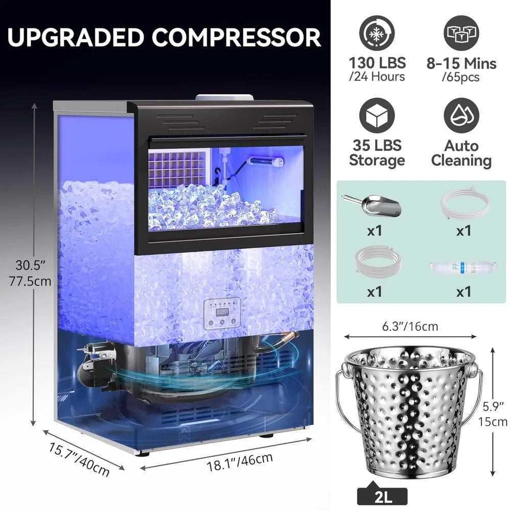 2 Way Water Inlet Commercial Ice Maker Machine 100LBS/24H, 33LBS Storage Bin with Stainless Steel Ice Scoop Ice Bucket