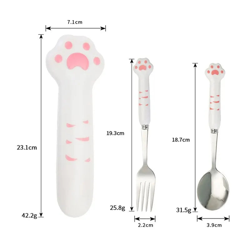 Stainless Steel Spoon and Fork Set with Storage Box Portable Tableware Cute Cat Paw Shaped Dinnerware Kit for Adults Kids School