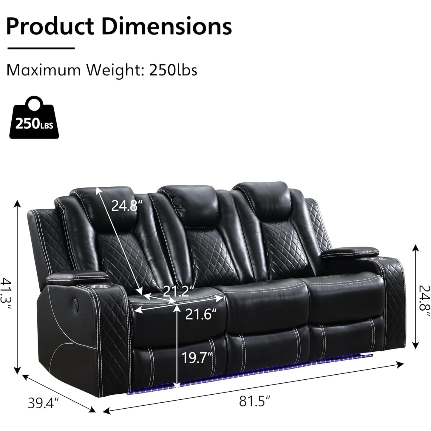 3 Seats Power Reclining Sofa with Wireless Charger,LED Floor Lights,Reading Light, Drop-down Table, USB/Type-C Port (Model:M070)