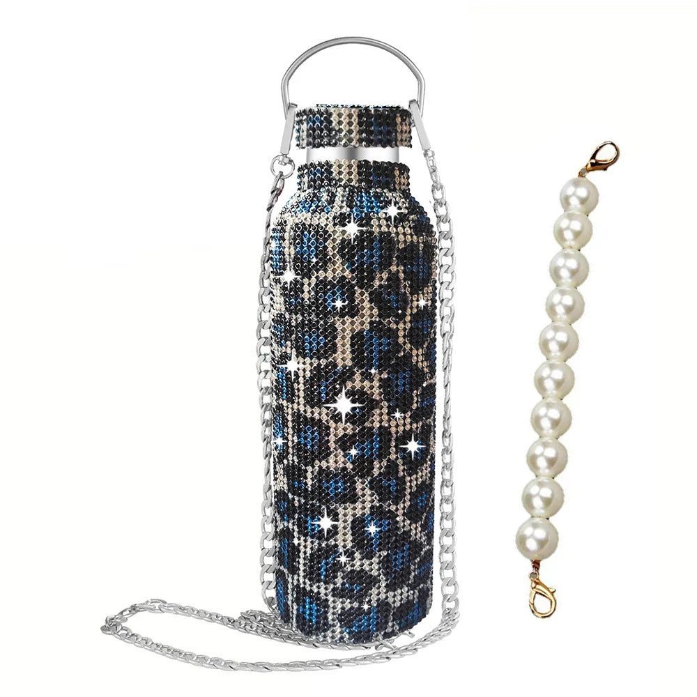 500/750/1000ml Diamond Thermos Bottle With 2pcs Chain Portable Rhinestone Water Bottle Double Wall Stainless Steel Thermal Flask