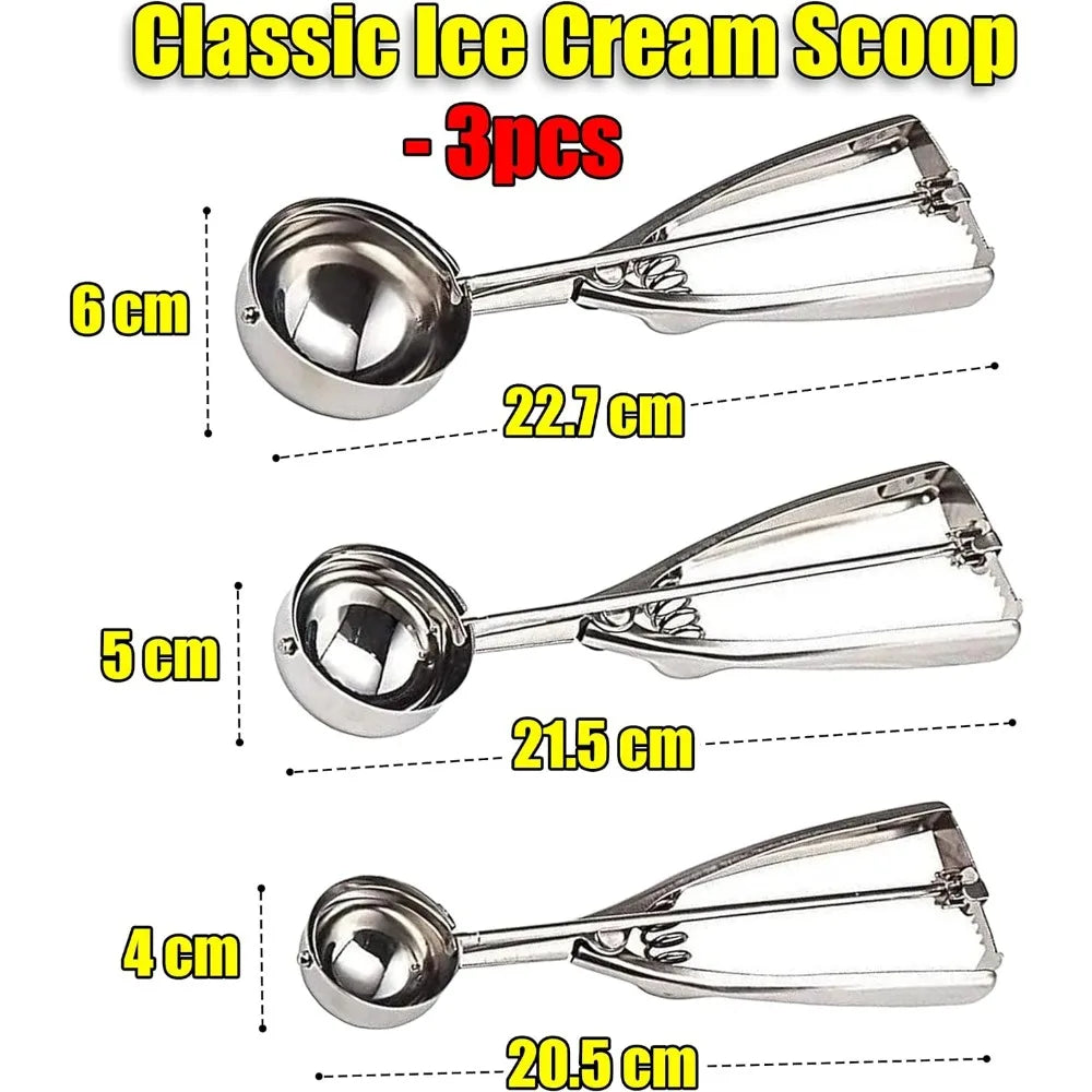 3PCS/Set Stainless Steel Ice Cream Scoops Set for Baking Easy To Clean Highly Durable Ergonomic Handle Cookie Dough Scoop Set