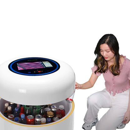 Dropshipping Round Shape Touch Screen Blue-tooth Speaker LED Light Lift Top Smart Coffee Table With Refrigerator For Balcony