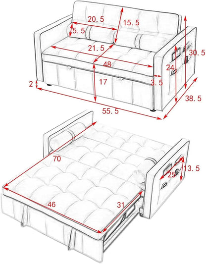 3 in 1 Sleeper Sofa Couch Bed Small Tufted Velvet Convertible Loveseat Futon Sofa w/Pullout Bed Adjustable Backrest Cylinder