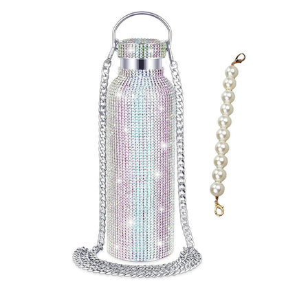 500/750/1000ml Diamond Thermos Bottle With 2pcs Chain Portable Rhinestone Water Bottle Double Wall Stainless Steel Thermal Flask