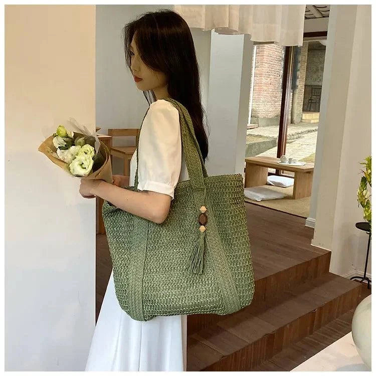 Elegant Ladies Straw Woven Handbag Women Holiday Beach Commute Casual Tote Top-Handle Bags Fashion Retro Shoulder Bags 2024