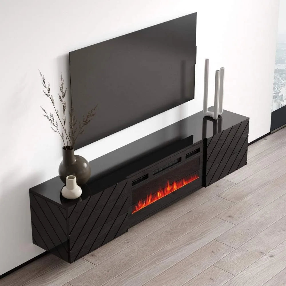 Floating Fireplace TV Stand for TVs up to 80", High Gloss 72" Entertainment Center, Wall Mounted Electric Fireplace TV Media