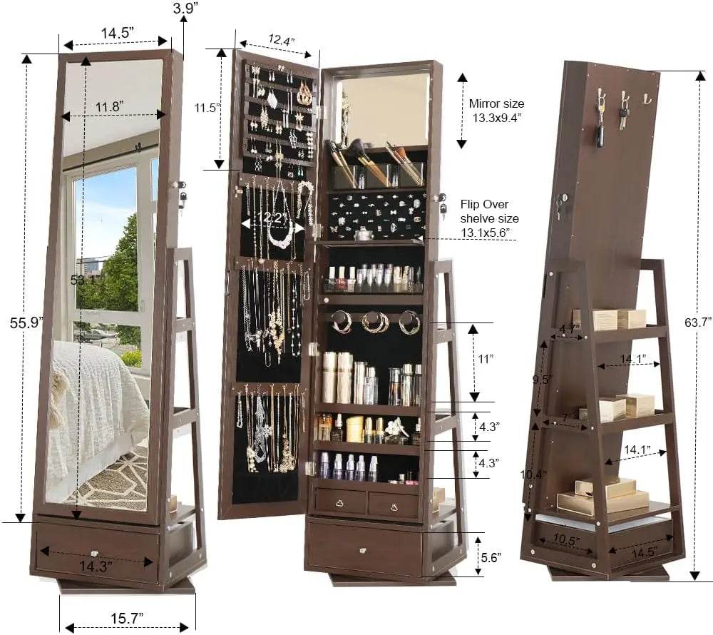 360 Swivel Full Length Mirror Jewelry Cabinet Standing With Built - 63.7 H Armoire With Mirror & 3 Drawers, Lockable Storage - MarvelouStoree