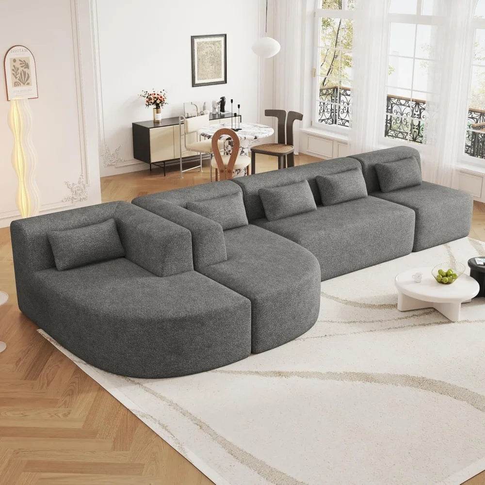 Sectional sofa, 4 free sectional sofas, modern upholstered sofa in Boucle fabric with 2 chaise longues and 5 cushions, beige - MarvelouStoree