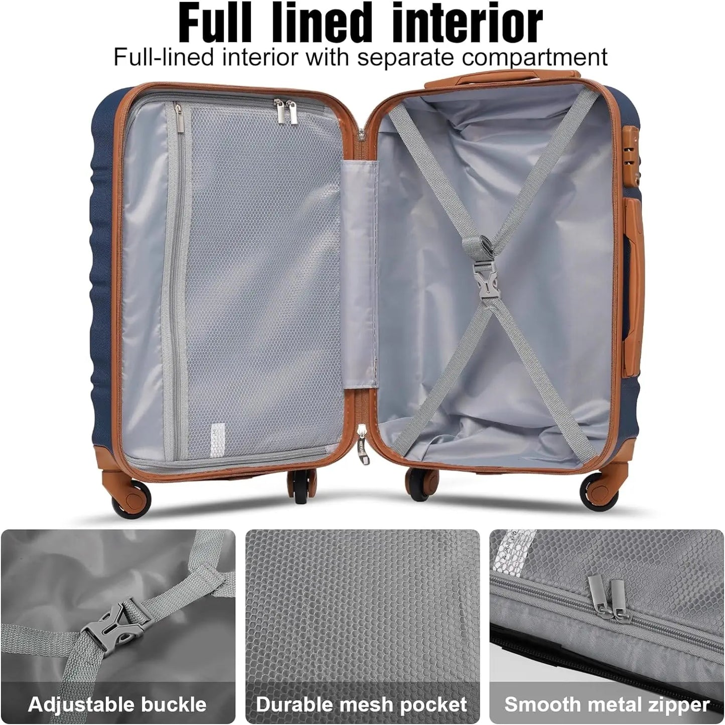 Luggage Set 4 Piece Luggage Set ABS hardshell TSA Lock Spinner Wheels Luggage Carry on Suitcase WHITE-BROWN, 6 piece set