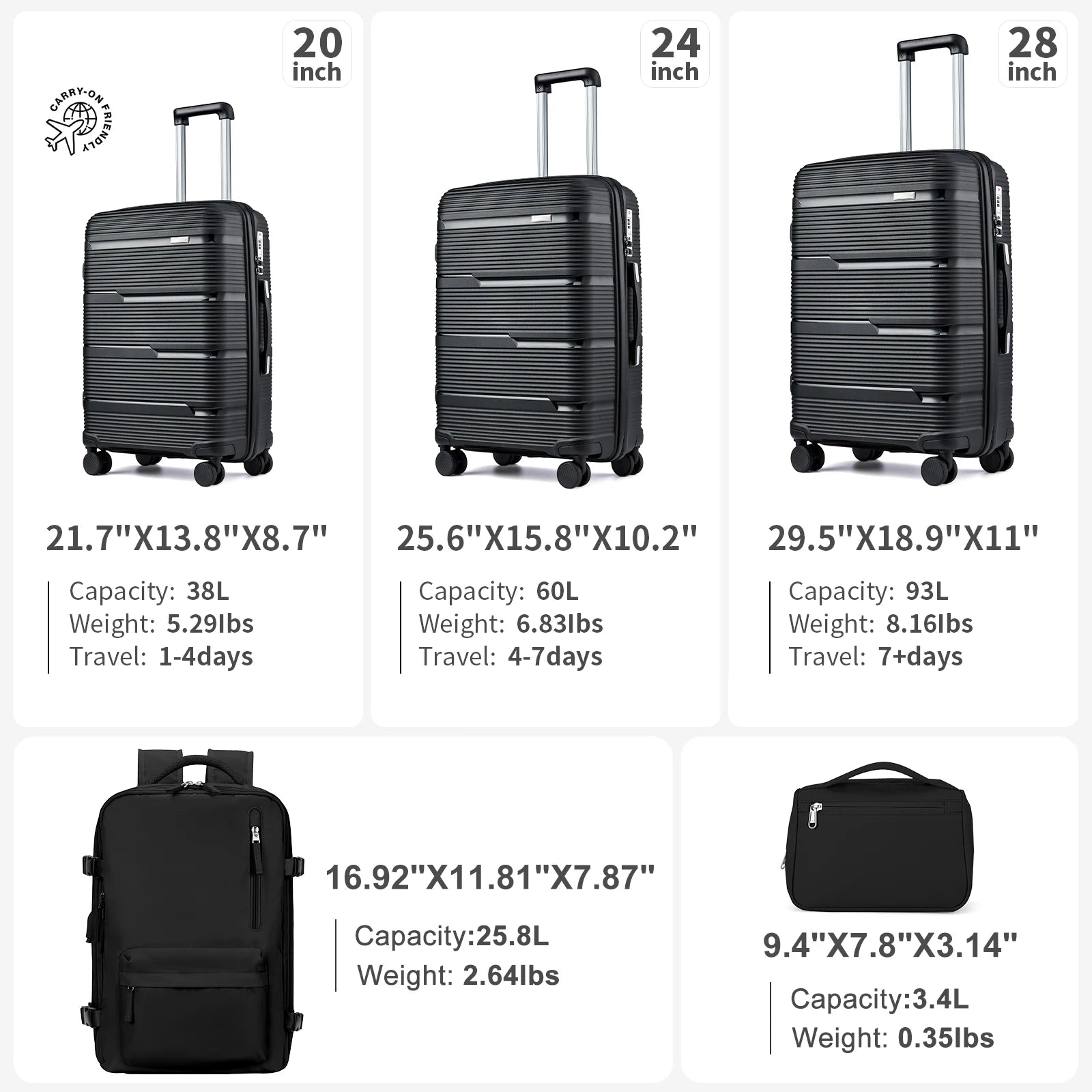 5pcs Suitcase Set Lightweight Case Set, Durable Trolley, Hand Luggage Suitcase with Wheels, TSA-Lock Boarding Travel Suitcase