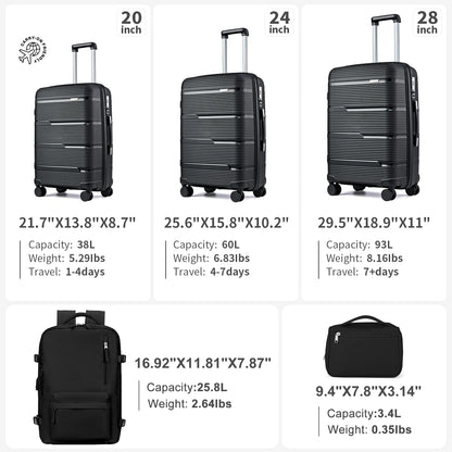 5pcs Suitcase Set Lightweight Case Set, Durable Trolley, Hand Luggage Suitcase with Wheels, TSA-Lock Boarding Travel Suitcase