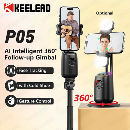 KEELEAD P05 Desktop Gimbal Mobile Phone Shooting Stabiliser 360° Auto AI Face Following for Smartphone, with Fill Light Optional