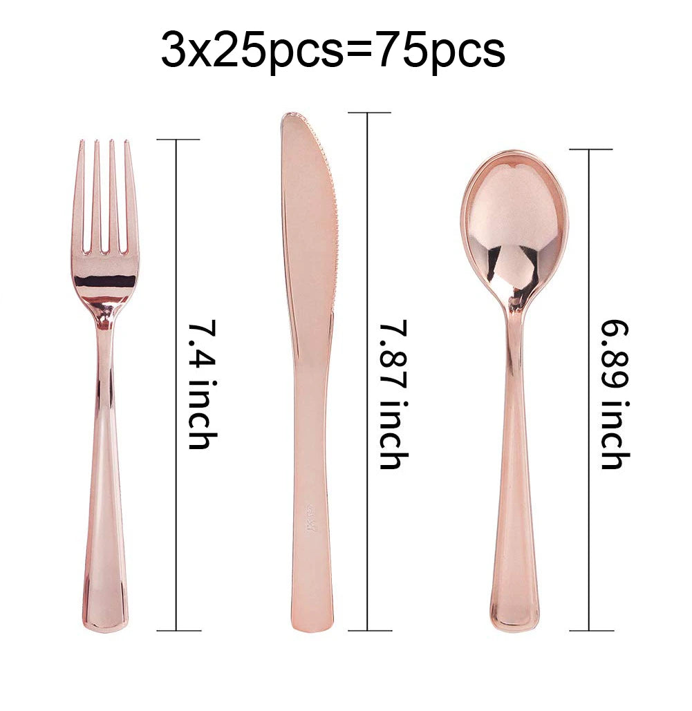 75 Piece Gold Disposable Cutlery Set - Disposable Plastic Rose gold Flatware - Includes 25 Forks, 25 Spoons, 25 Knives