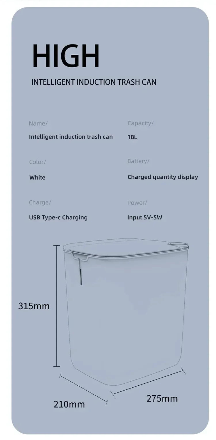 18L Smart Sensor Trash Bin Smart Sensing Trash Can with Display Type-C Recharging Automatic Wastebin Kitchen Toilet Wastebasket