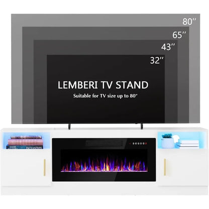 Fireplace tv Stand with 36 inch Fireplace Up to 80" TVs,LED Light Entertainment Center and Storage, 70" Modern Wood Media TV