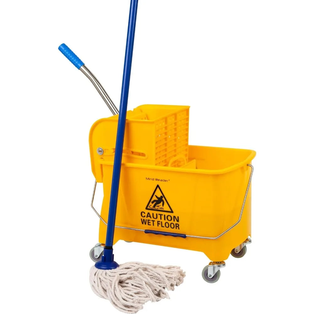 Mind Reader Mop Bucket with Wringer, 22 Qt (5.5 Gallon), Floor Cleaning, Handle, Wheels, 16.25"L x 10.75"W x 24.5"H, Yellow