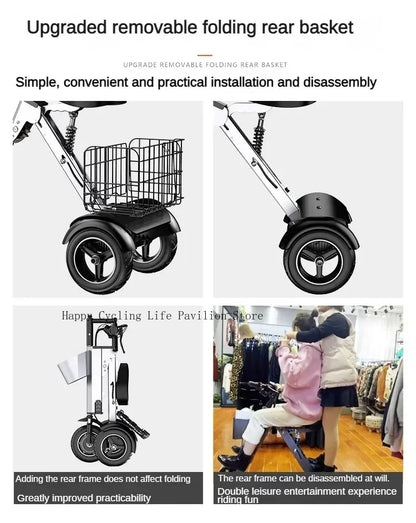 Folding Electric Tricycle With Removable Basket 48V 450W Mini Portable 3 Wheel Electric Scooter With Camping Trailer Support APP