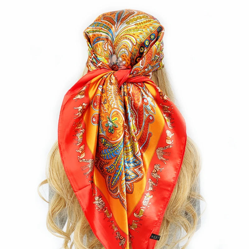 new 90*90cm fashion Silk Scarf Scarftop Headwraps Women Vintage Four Seasons Hair Scarve Hijab Foulard Bandana Femme Headscarf