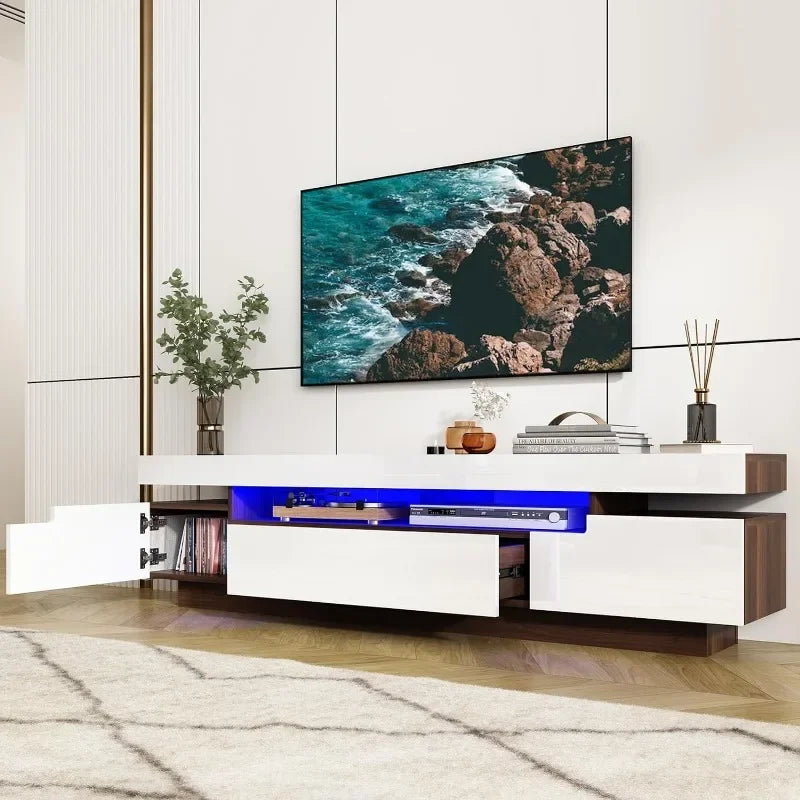 70IN TV Stand for 75/80 inch TV,Modern LED TV Stand for Living Room,High Gloss Entertainment Center with Storage Drawer