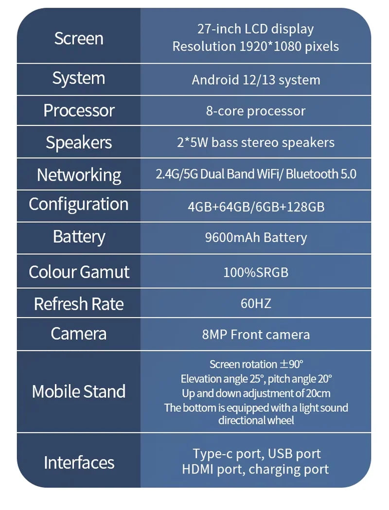 27 inch built-in 8MP camera, portable screen touch, built-in battery, HDMI Bluetooth, Qualcomm octa core