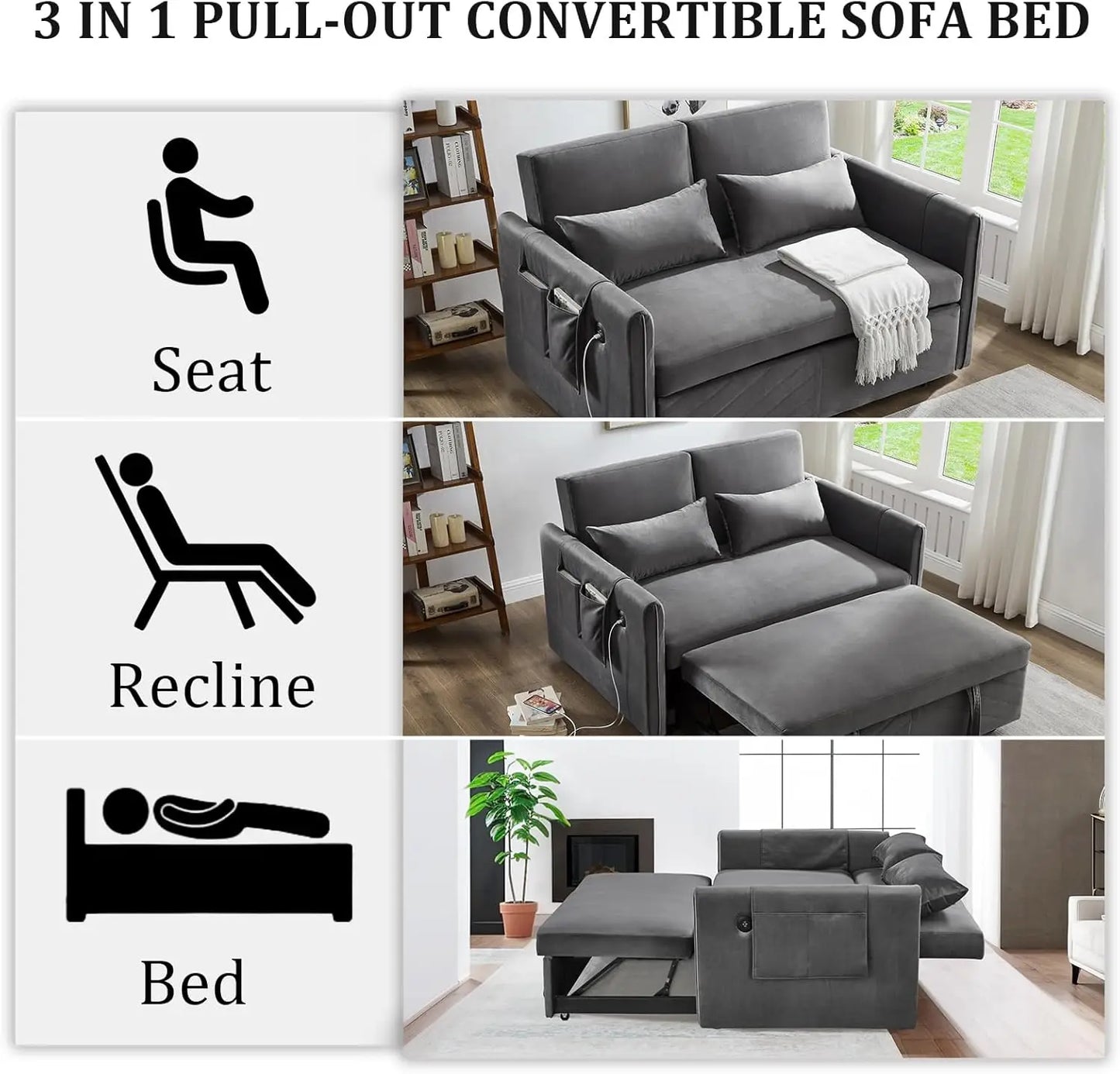 3 in 1 Pull Out Convertible Sofa Bed with USB Ports - 55" Modern Velvet Sleeper Sofa with 3 Level Adjustable Backrest, Loveseat