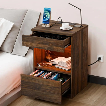 Open Shelf LED Nightstand with Charging Station 2 Drawers Bedside Table Black Night Stand with Storage Smart Nightstands