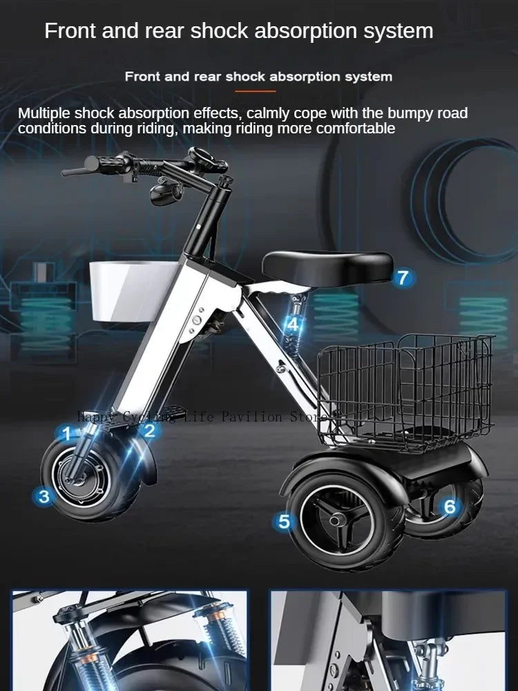 Folding Electric Tricycle With Removable Basket 48V 450W Mini Portable 3 Wheel Electric Scooter With Camping Trailer Support APP