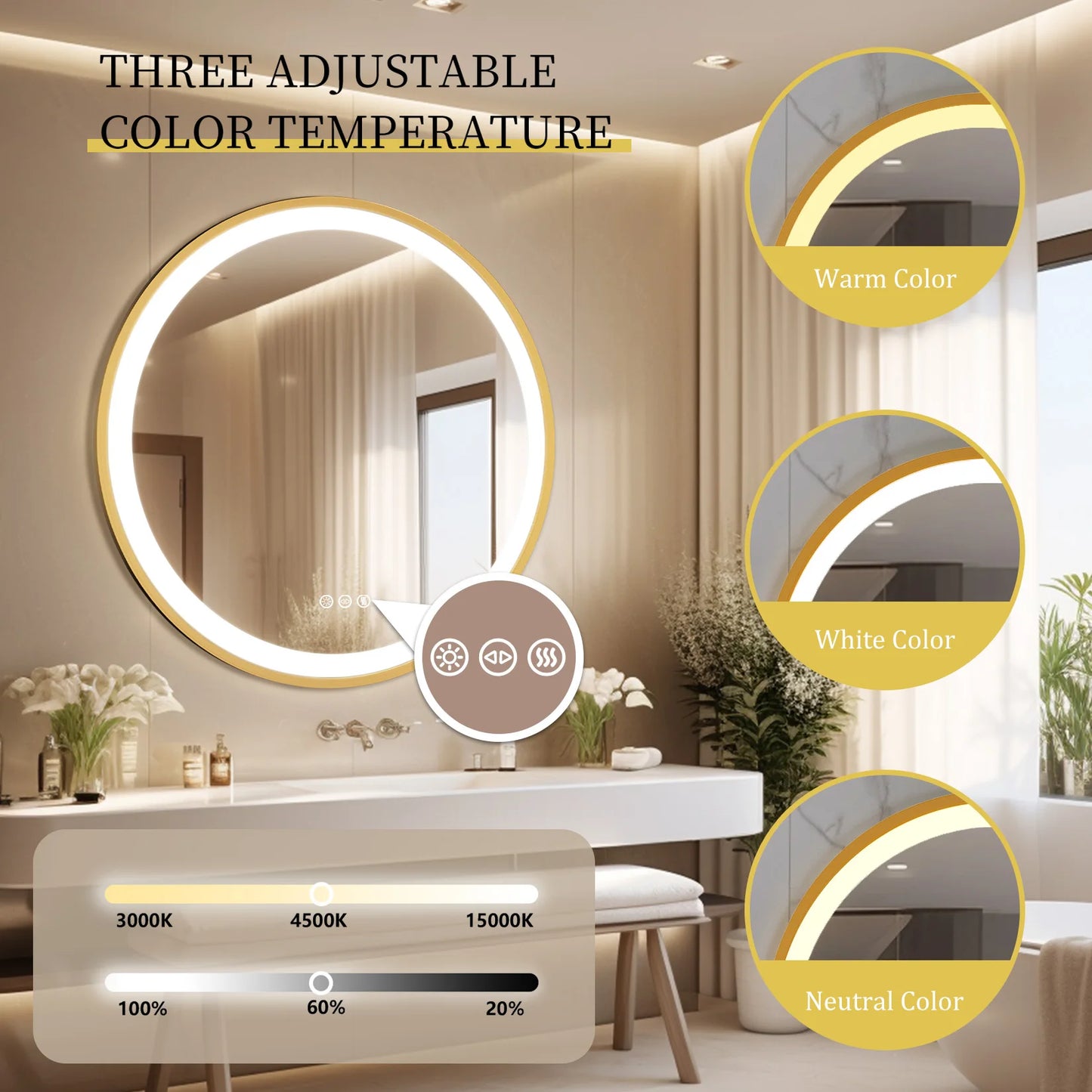 Wisfor 28x36 LED Lighted Bathroom Mirror with Bluetooth Speaker Smart Wall Vanity Mirror Anti-Fog Dimming 3 Lights