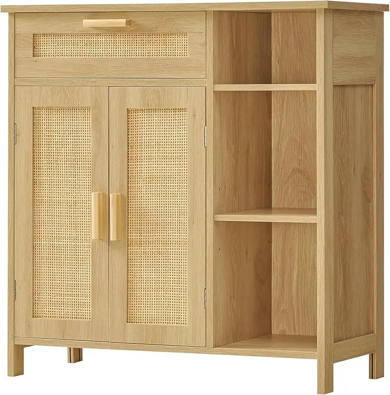 Rattan Cabinet Locker with Rattan Door with Drawers and Adjustable Shelves Living Room Floor Cabinet Entrance Channel Natural