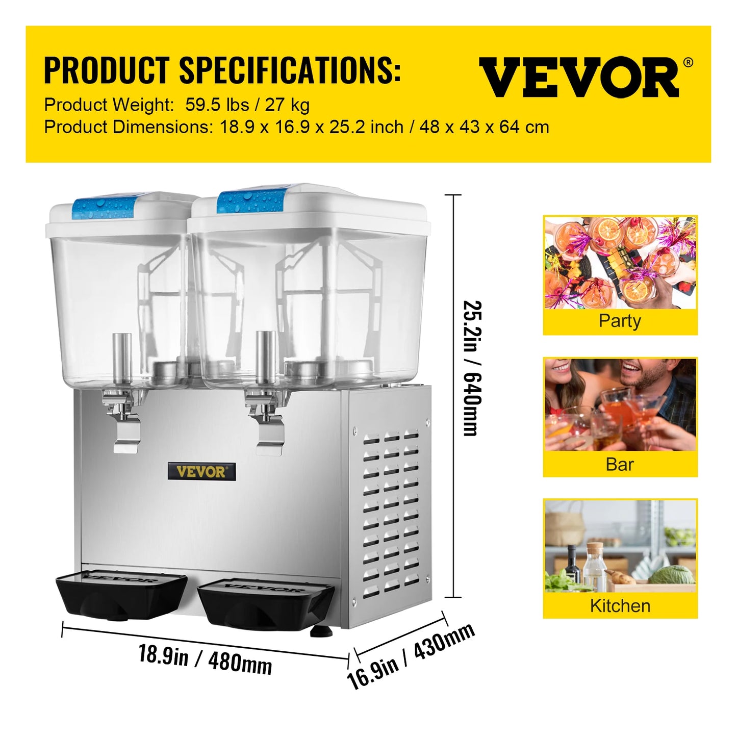 VEVOR Commercial Beverage Dispenser 18L 1/2/3 Tank Cold Beverage Dispenser Stainless Steel Juice Dispenser Thermostat Controller