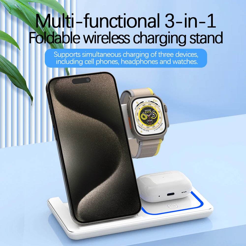 30W LED Fast Wireless Charger Stand 3 in 1 Foldable Charging Station For iPhone 15 14 13 12 11 Apple Watch 9 8 7 6 5 Airpods Pro - MarvelouStoree