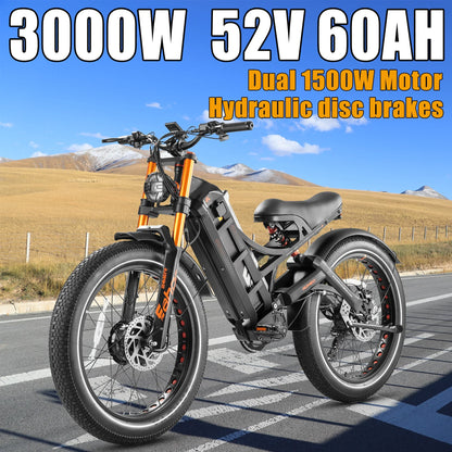 Romeo Pro 2 Ebike 3000W Dual Motor 52V 60AH Battery 26*4.0 Fat Tire Electric Bicycles Mountain Snow Off-Road Adult Electric Bike