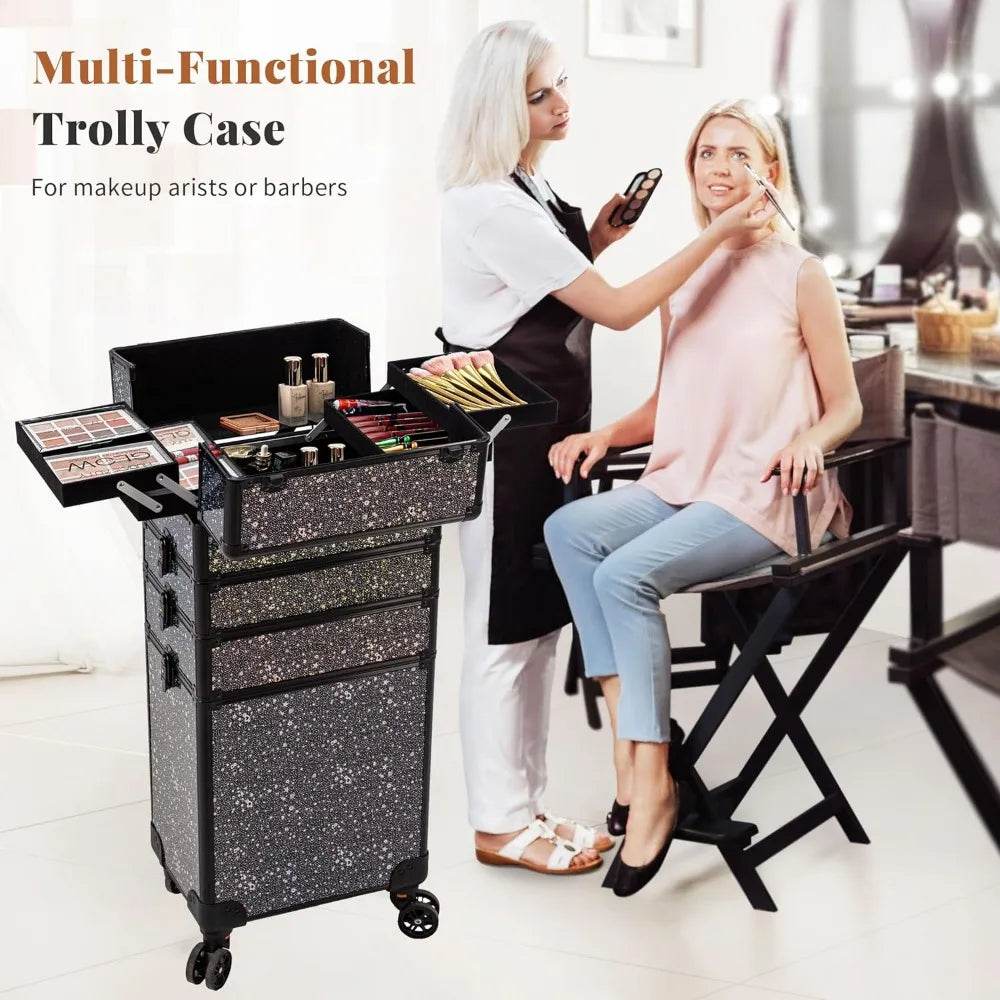 Rolling Makeup Train Case Large Storage Cosmetic Trolley 5 in 1 Large Capacity Trolley Makeup Travel Case with Key Swivel Wheels - MarvelouStoree