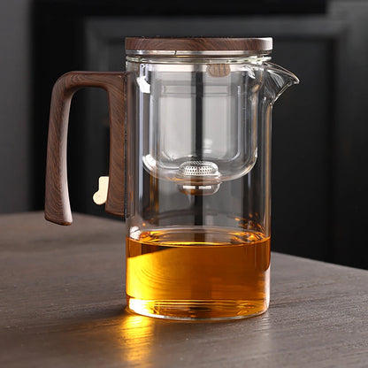 520ML/720ML Glass Teapot Water Separation Inner Container One Click Magnetic Switch Tea Filtration Tea Pot Wood Handle Cup Set