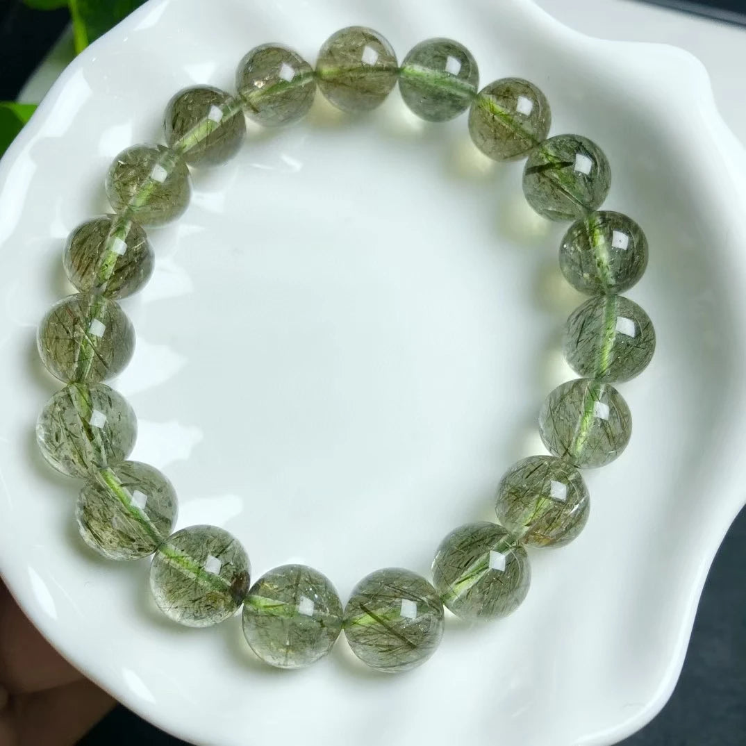 Natural Green Rutilated Quartz Tourmilated Bead Bracelet Brazil Clear Round Women Men 8mm 9mm 10mm 11mm 12mm Stone AAAAA