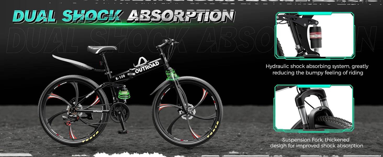 26 Inch Mountain Bike, 21 Speeds Full Suspension Folding Bikes, Dual Disc Brake, High Carbon Steel Frame and Non-Slip - MarvelouStoree