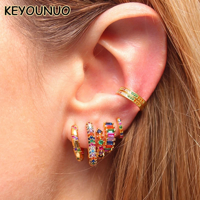 KEYOUNUO Gold Filled Stud Earrings Set For Women Ear Cuffs Colorful Zircon Dangle Hoop Earrings Fashion Party Jewelry Wholesale