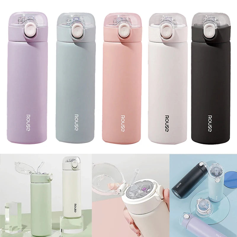 380ml Fashion Stainless Steel Vacuum Flask With Straw Portable Cute Thermos Mug Travel Thermal Water Bottle Tumbler Thermocup