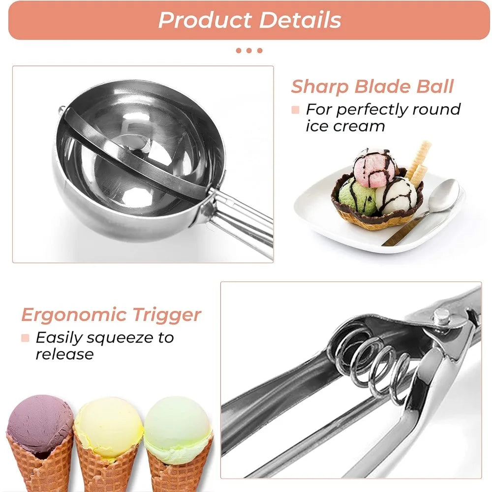 3PCS/Set Stainless Steel Ice Cream Scoops Set for Baking Easy To Clean Highly Durable Ergonomic Handle Cookie Dough Scoop Set