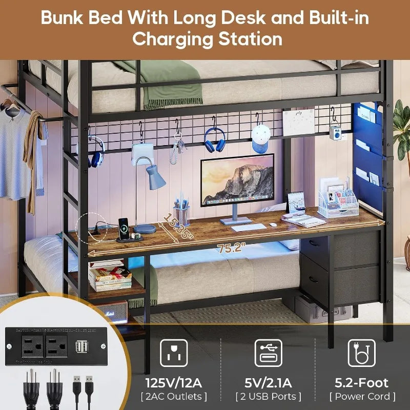 Full Size Double Bed with Desk and Charging Station with Led Light and Storage Rack, Safety Guard and Ladder