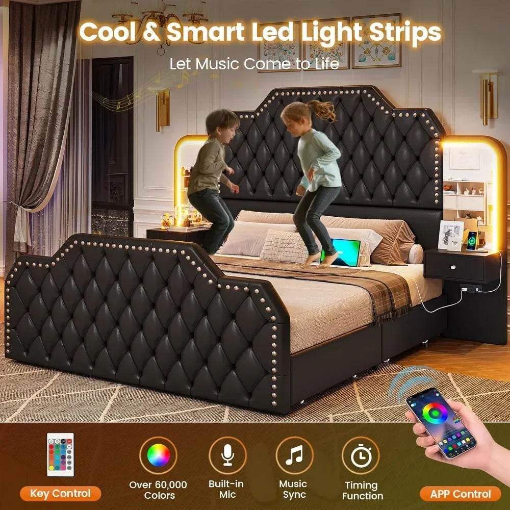 Queen Size 53” Tall Platform Bed Frame With 4 Storage Drawers Built in Charging Station & LED Bedroom Black Headboards Under Bed - MarvelouStoree