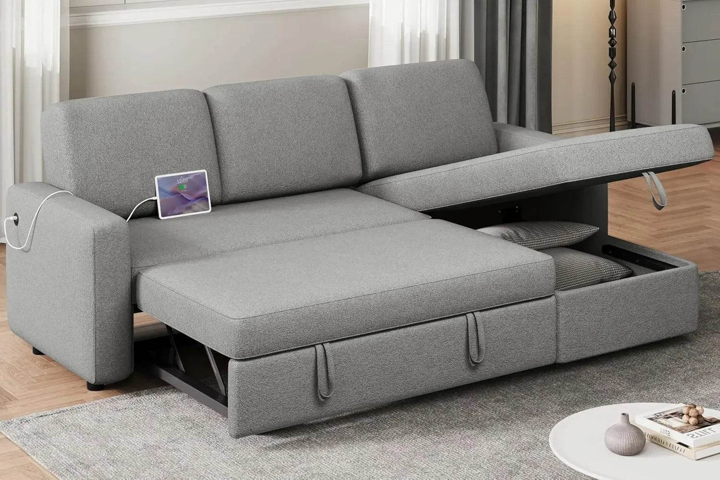 Sectional Sofa L-Shaped Sofa Couch Bed w/Chaise & USB, Reversible Couch Sleeper w/Pull Out Bed & Storage Space, 4-seat Fabric - MarvelouStoree