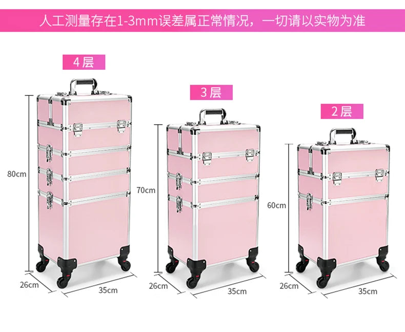 Professional 2/3/4 layers trolley makeup suitcase portable cosmetic trolley luggage box nail tattoo embroidery beauty toolbox