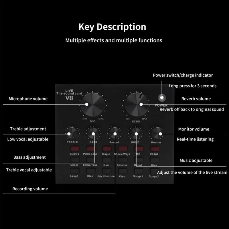 V8 Sound Card Audio Interface External USB Live Broadcast Microphone Sound Card for PC,Mobile,Record