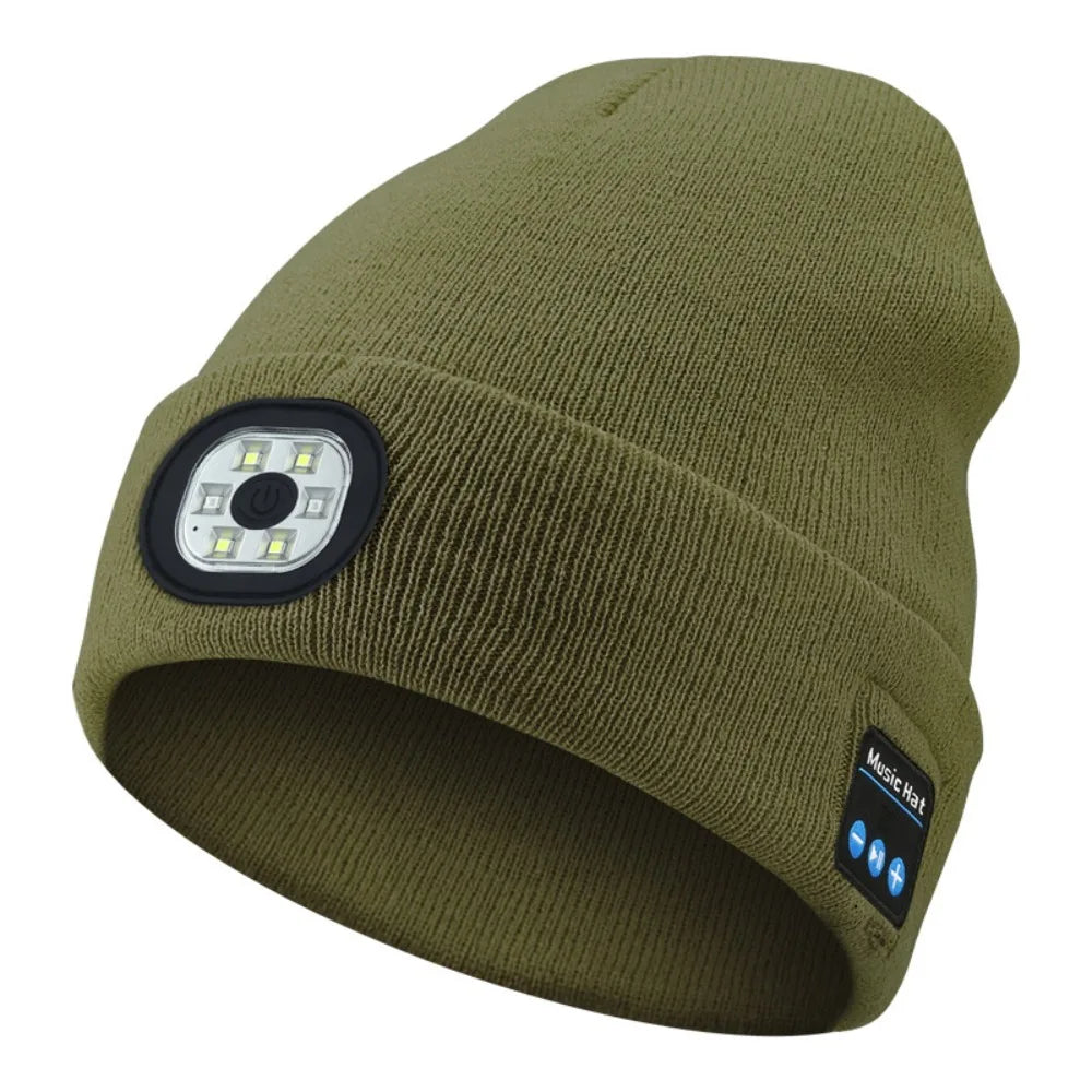 Bluetooth LED Light Woolen Hat Removable Rechargeable Music Warm Beanie With Button Battery Warning Light